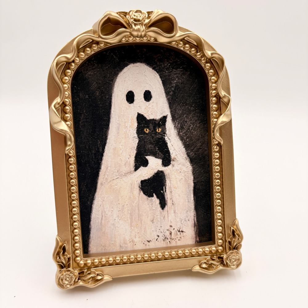 New View Ghost Holding Black Cat Framed Art Ornate Bow Arched Halloween Decor